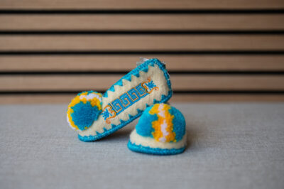 Kindersloffen maat 17/18 blauw geel Griekse wollen Kindersloffen maat 17/18 blauw geel